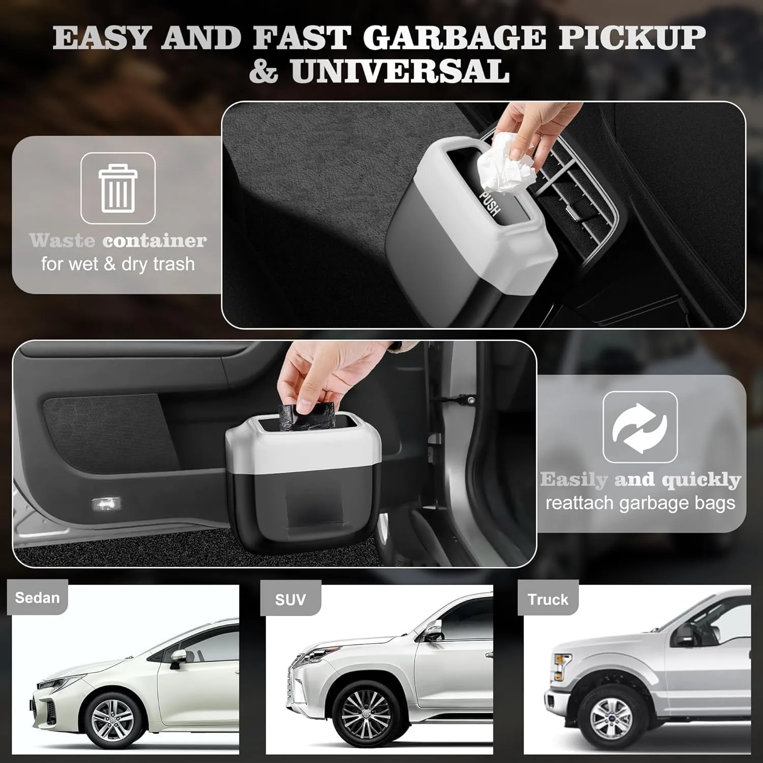 2 Packs Car Trash Can with Lid，Built-in Storage Garbage Bag，Leakproof Vehicle Trash，Car Accessories for Interior,Mini Garbage Bin for Automotive, Office, Kitchen,Bedroom，with 30pcs Trash Bags