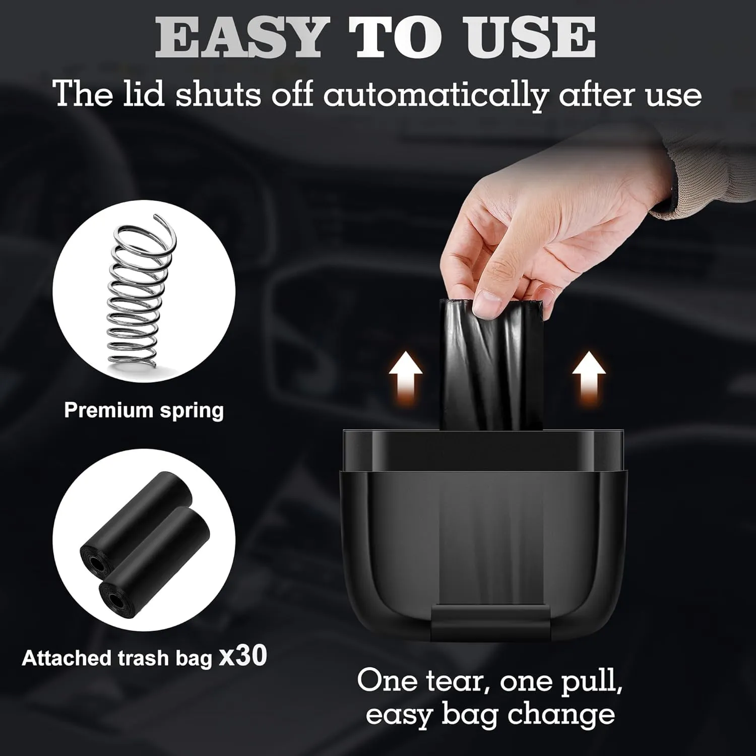 2 Packs Car Trash Can with Lid，Built-in Storage Garbage Bag，Leakproof Vehicle Trash，Car Accessories for Interior,Mini Garbage Bin for Automotive, Office, Kitchen,Bedroom，with 30pcs Trash Bags