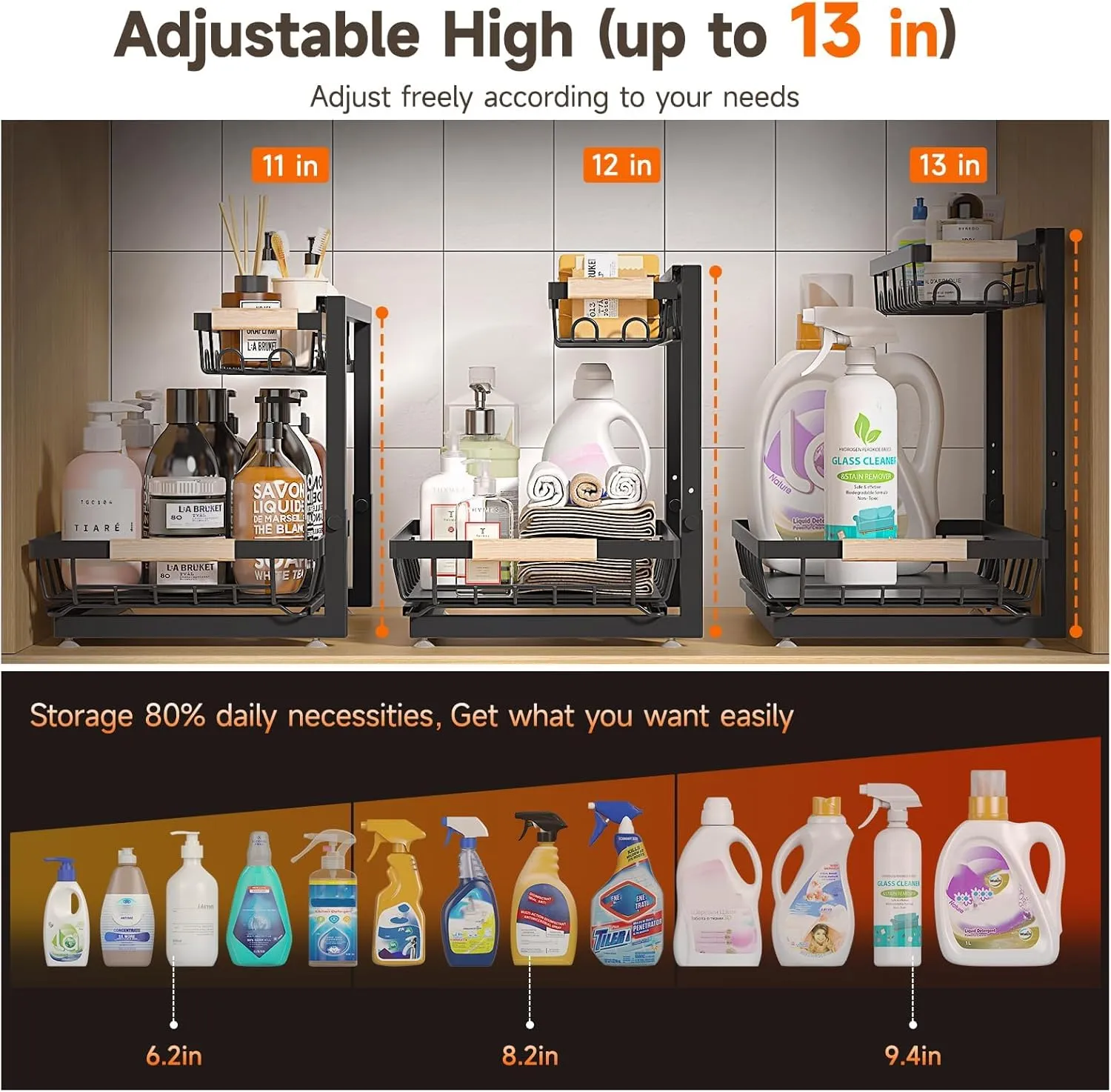 2 Packs Under Sink Organizer, High Adjustable 2 Tier Under Kitchen sink organizer, Multi-Purpose Storage Shelf for Kitchen Bathroom Cabinet, Black