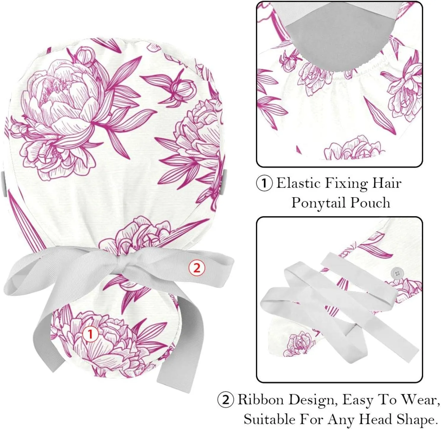 2 Packs Working Cap with Button for Women Long Hair Adjustable Elastic Bandage Tie Back Hats Bouffant Caps Floral
