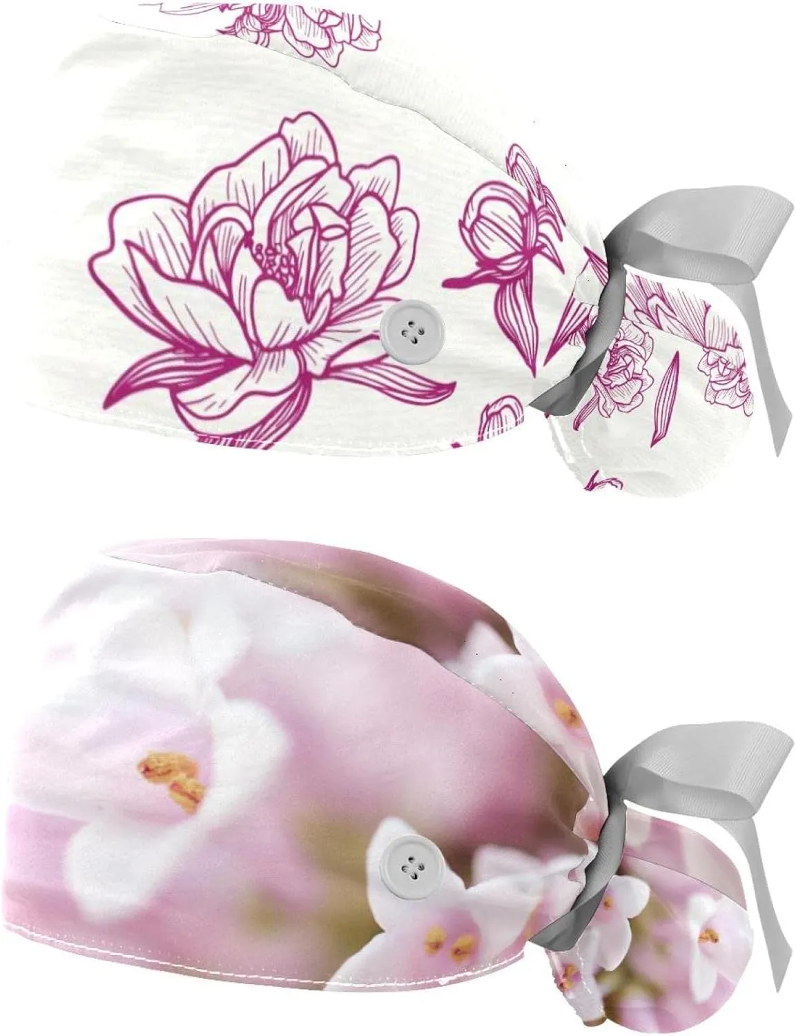 2 Packs Working Cap with Button for Women Long Hair Adjustable Elastic Bandage Tie Back Hats Bouffant Caps Floral
