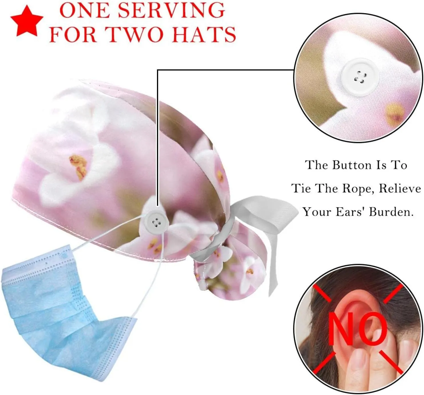 2 Packs Working Cap with Button for Women Long Hair Adjustable Elastic Bandage Tie Back Hats Bouffant Caps Floral