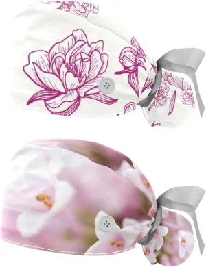 2 Packs Working Cap with Button for Women Long Hair Adjustable Elastic Bandage Tie Back Hats Bouffant Caps Floral