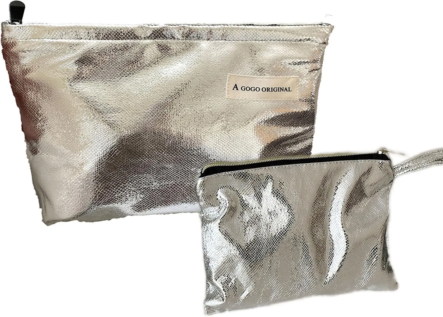 2 Pcs Makeup Bag for Women Large Capacity PU Cosmetic Bag Set Travel Toiletry Bag Silver Glitter Cute Makeup Pouch for Purse Portable Organizer Travel Accessories