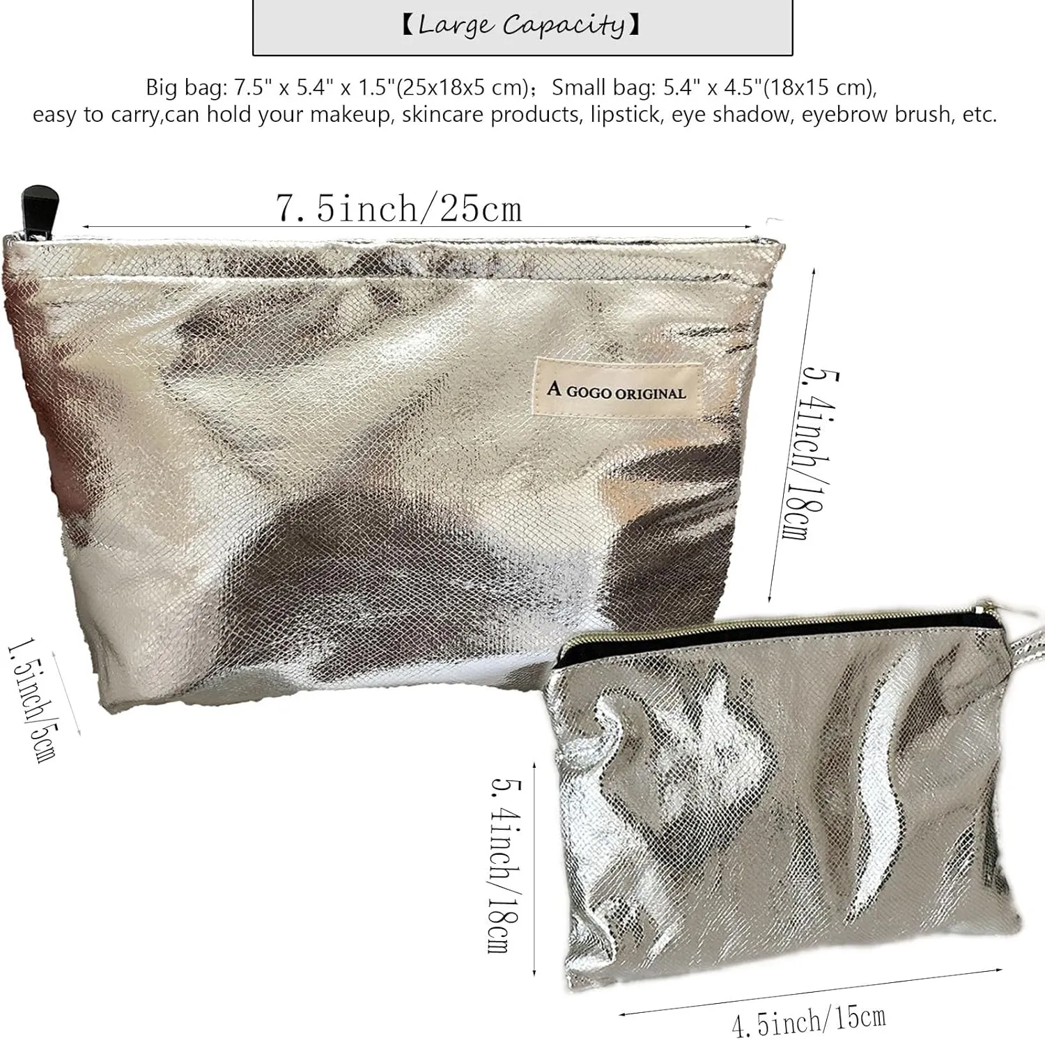 2 Pcs Makeup Bag for Women Large Capacity PU Cosmetic Bag Set Travel Toiletry Bag Silver Glitter Cute Makeup Pouch for Purse Portable Organizer Travel Accessories