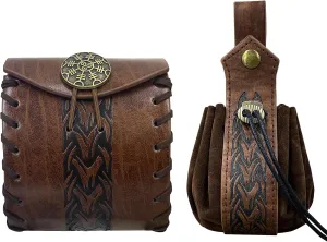 2 PCs Medieval Faux Leather Belt Bag, Renaissance Drawstring Pouch Dice Bag, Vintage Side Pack Coin Purse for LARP (Brown A)