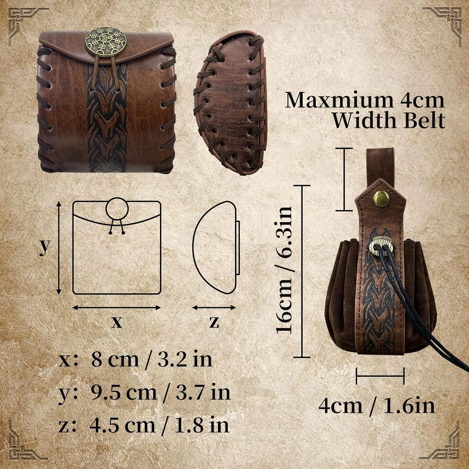 2 PCs Medieval Faux Leather Belt Bag, Renaissance Drawstring Pouch Dice Bag, Vintage Side Pack Coin Purse for LARP (Brown A)