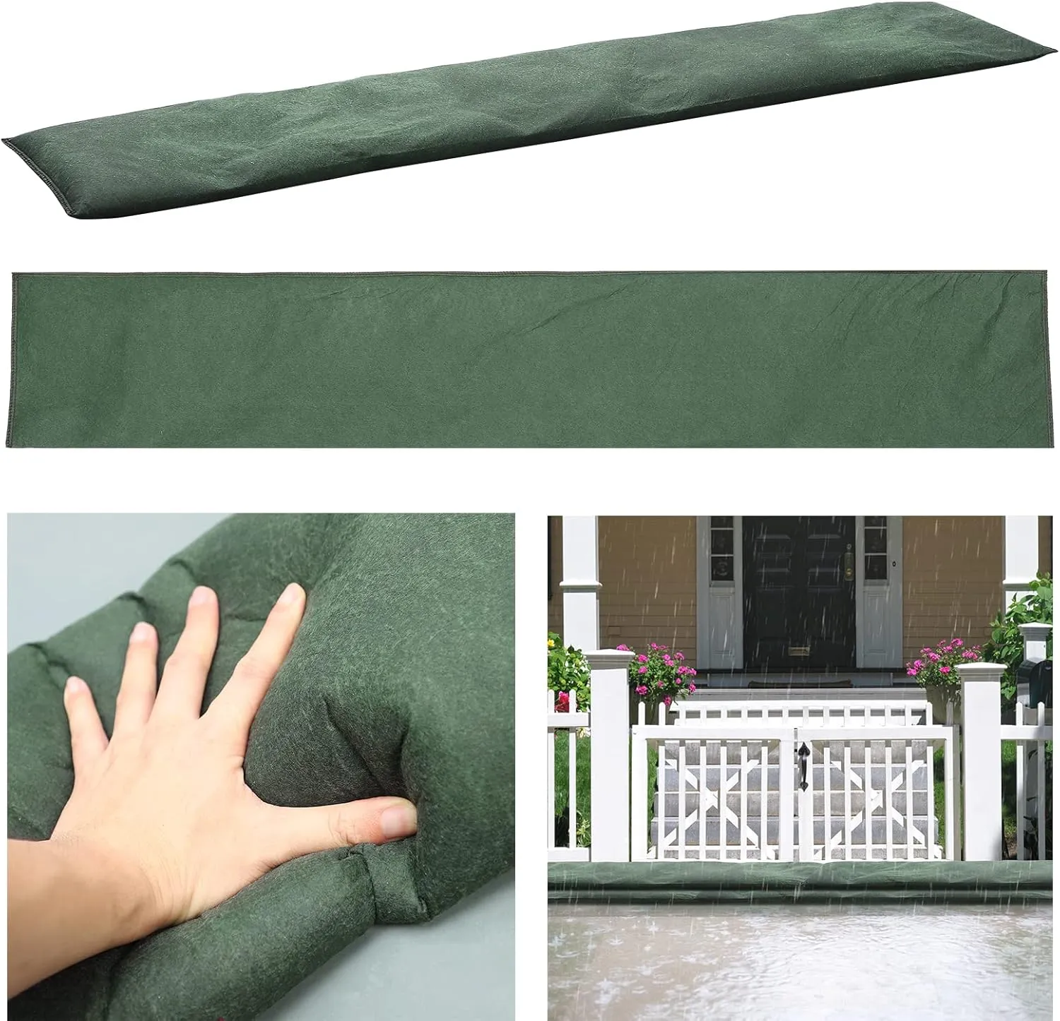 2 Pcs Sandless Sand Bags for Flooding, Water Activated Flood Barriers Non Woven Fabric Reusable Absorbent Water Barrier Flood Bag for Rainy Season Green(25 x 120cm)