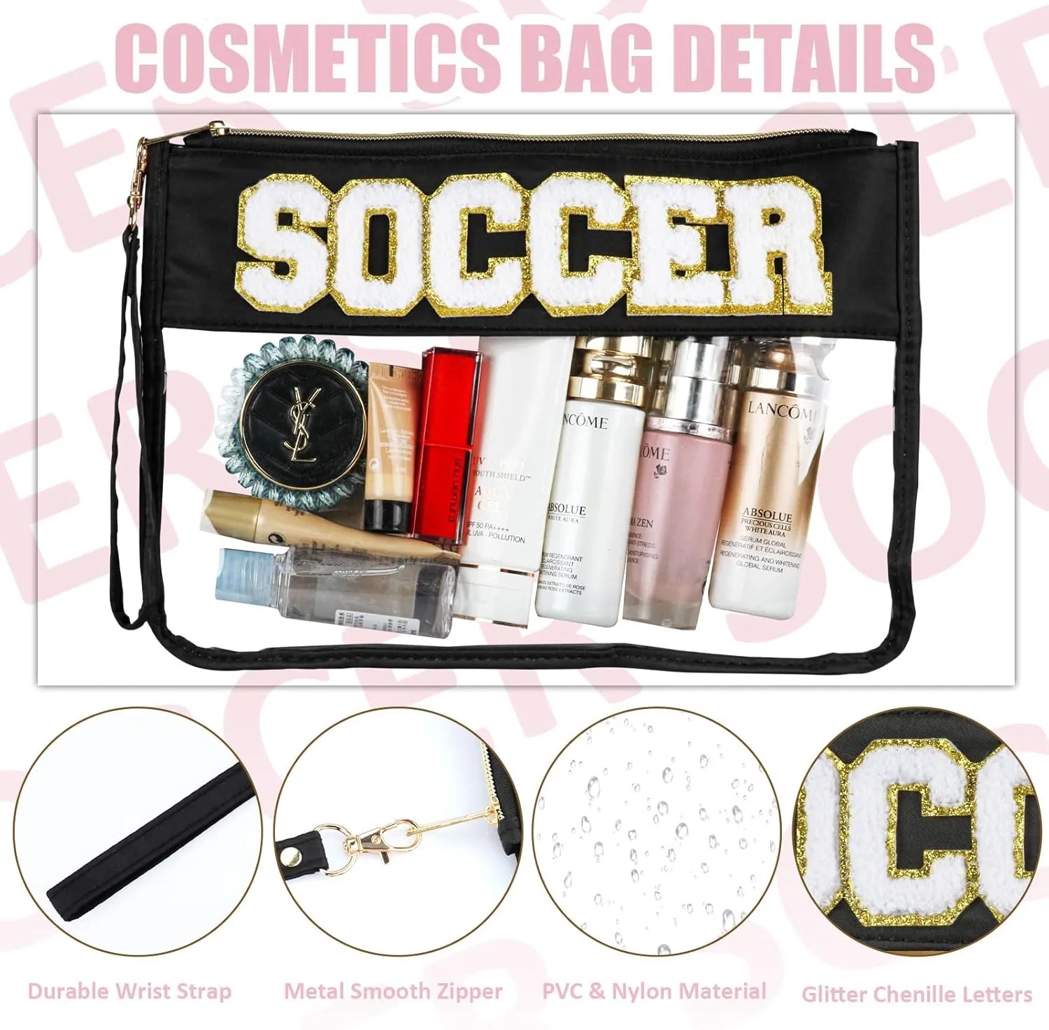 2 Pcs Soccer Gifts Makeup Bag with Chenille Letter Patch, Clear Cosmetic Pouch PVC Organizer Purse, Waterproof Travel Bag, Portable Toiletry Storage Bag for Her Girls Friends Women