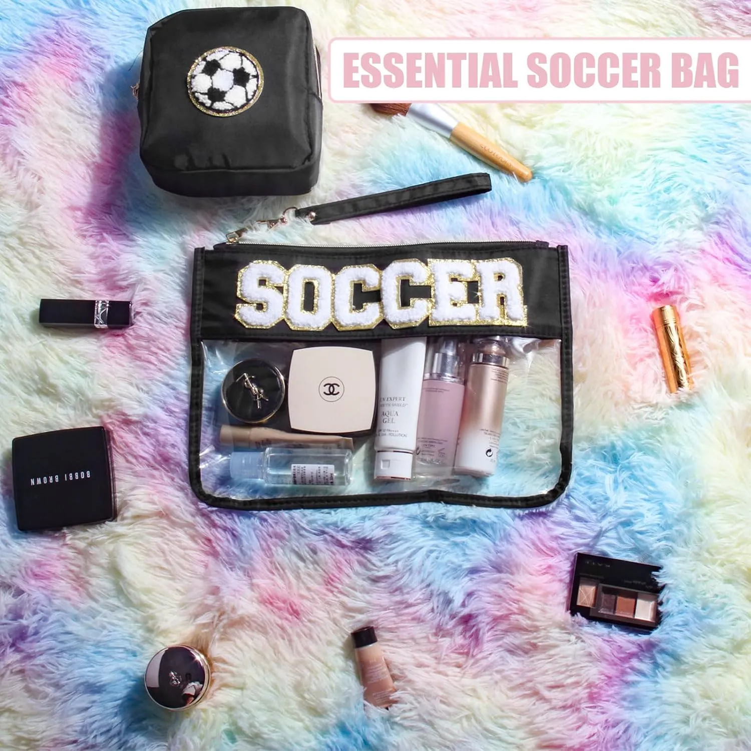 2 Pcs Soccer Gifts Makeup Bag with Chenille Letter Patch, Clear Cosmetic Pouch PVC Organizer Purse, Waterproof Travel Bag, Portable Toiletry Storage Bag for Her Girls Friends Women