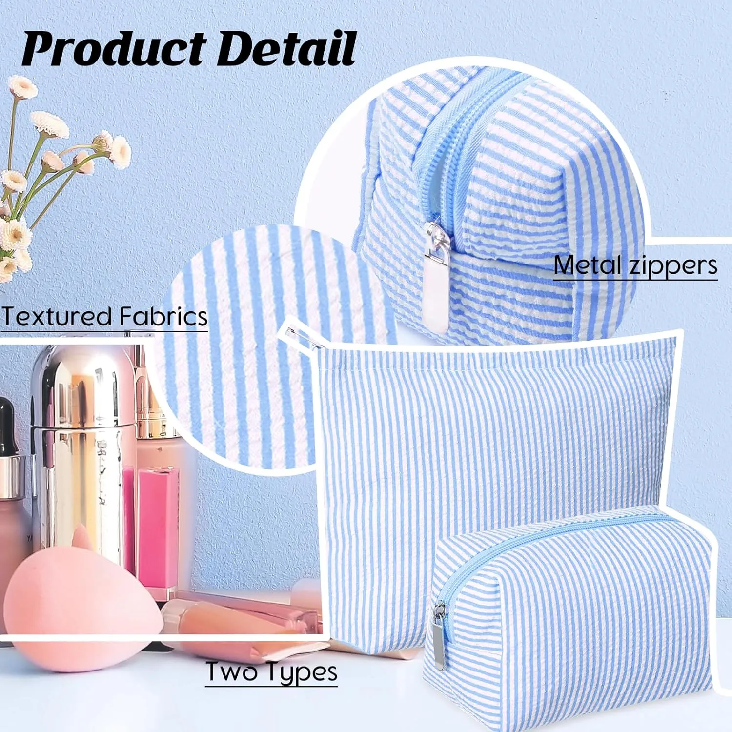 2 Pieces Makeup Bag Set Cute Cosmetic Pouch for Women Travel Toiletry Bag Preppy Small Makeup Purse Pouch Aesthetic Skincare Brushes Storage Organizer for Women(Blue)