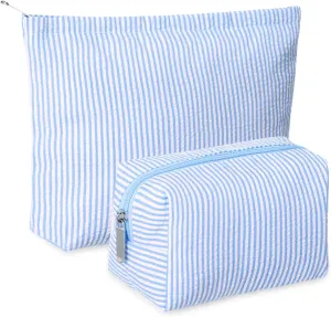 2 Pieces Makeup Bag Set Cute Cosmetic Pouch for Women Travel Toiletry Bag Preppy Small Makeup Purse Pouch Aesthetic Skincare Brushes Storage Organizer for Women(Blue)