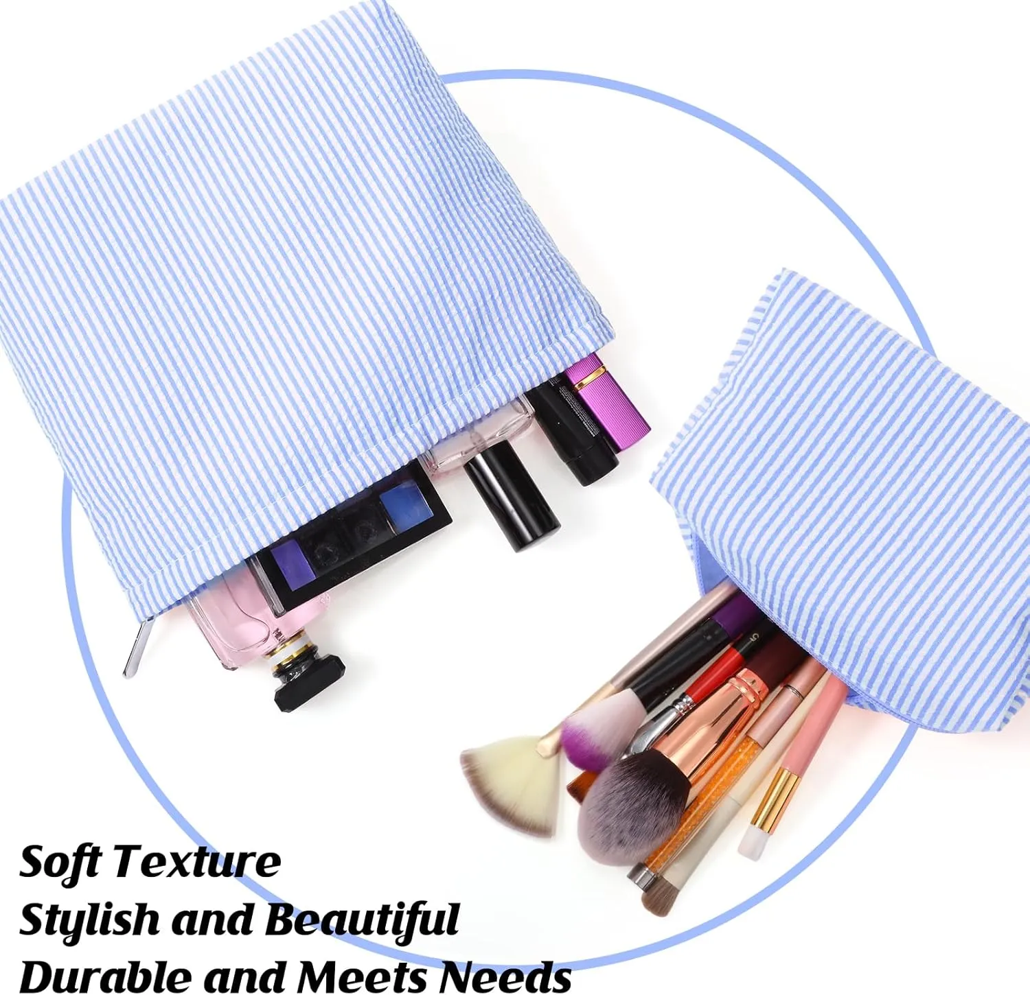 2 Pieces Makeup Bag Set Cute Cosmetic Pouch for Women Travel Toiletry Bag Preppy Small Makeup Purse Pouch Aesthetic Skincare Brushes Storage Organizer for Women(Blue)