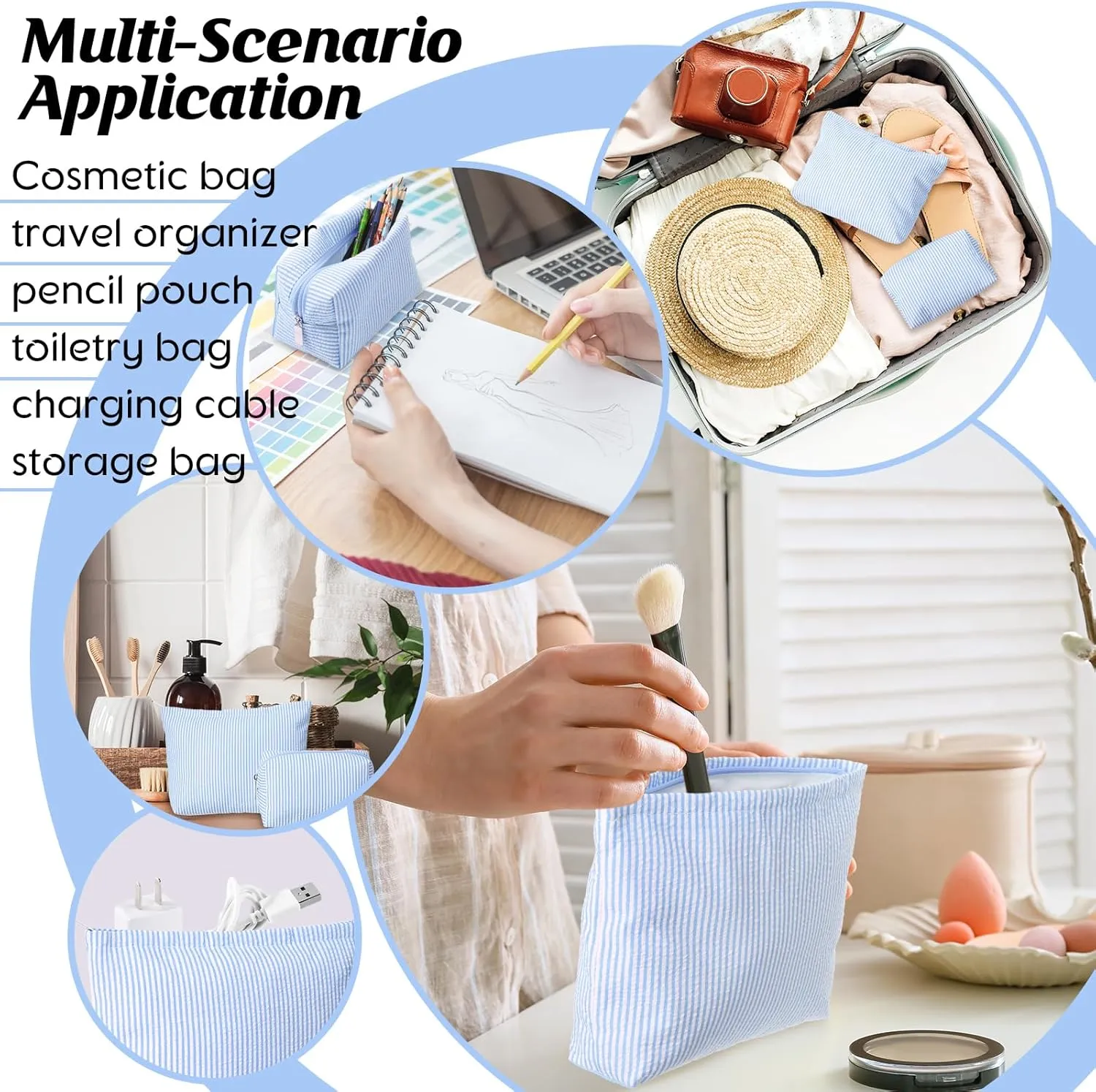 2 Pieces Makeup Bag Set Cute Cosmetic Pouch for Women Travel Toiletry Bag Preppy Small Makeup Purse Pouch Aesthetic Skincare Brushes Storage Organizer for Women(Blue)