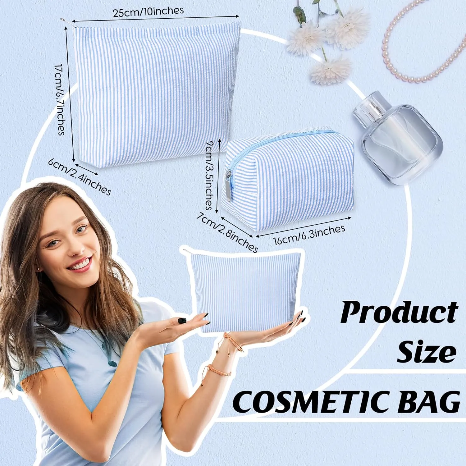 2 Pieces Makeup Bag Set Cute Cosmetic Pouch for Women Travel Toiletry Bag Preppy Small Makeup Purse Pouch Aesthetic Skincare Brushes Storage Organizer for Women(Blue)