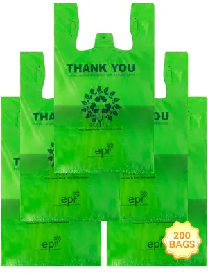 [200 per box],Recyclable Compostable Reusable Biodegradable Plastic T-Shirt Bags,Grocery Shopping Bags,Measures 11. 5" X 6. 25" X 21"( large size 1/6) , 16 Mic (0. 63 Mil)