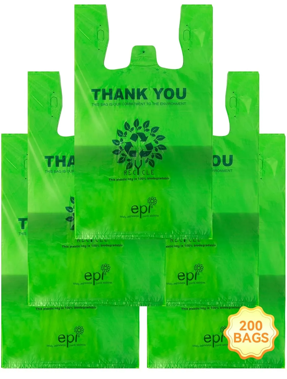 [200 per box],Recyclable Compostable Reusable Biodegradable Plastic T-Shirt Bags,Grocery Shopping Bags,Measures 11. 5" X 6. 25" X 21"( large size 1/6) , 16 Mic (0. 63 Mil)