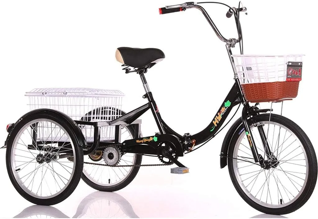 20inch Foldable 3 Wheel Bicycle Adult Tricycle Seniors Cruiser Bikes Trike Pedal with Adjust Seat Double Braking System and Cargo Basket for Women Men