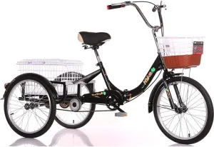 20inch Foldable 3 Wheel Bicycle Adult Tricycle Seniors Cruiser Bikes Trike Pedal with Adjust Seat Double Braking System and Cargo Basket for Women Men