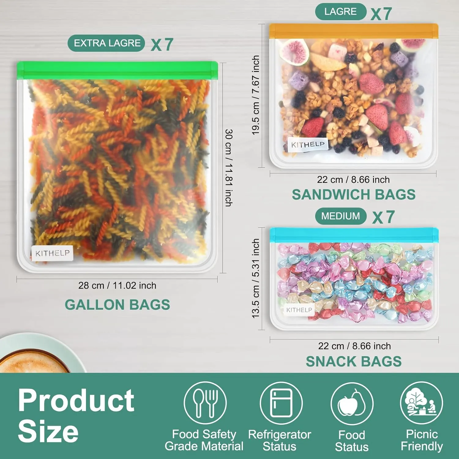 21 Pack Reusable Storage Bags BPA Free, Leak-proof Freezer Bags (7 Reusable Gallon Bags   7 Reusable Sandwich Bags   7 Reusable Snack Bags) Lunch Bags Washable Eco-Friendly for food