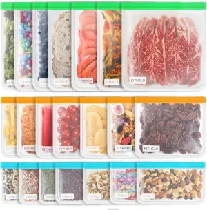 21 Pack Reusable Storage Bags BPA Free, Leak-proof Freezer Bags (7 Reusable Gallon Bags   7 Reusable Sandwich Bags   7 Reusable Snack Bags) Lunch Bags Washable Eco-Friendly for food