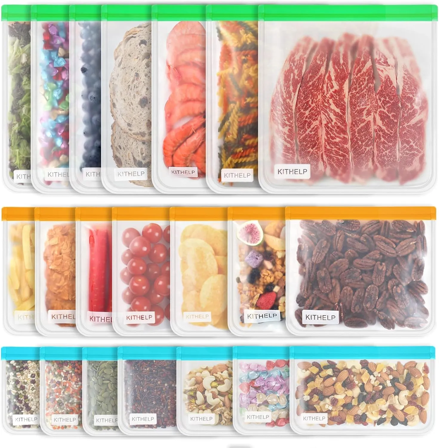 21 Pack Reusable Storage Bags BPA Free, Leak-proof Freezer Bags (7 Reusable Gallon Bags   7 Reusable Sandwich Bags   7 Reusable Snack Bags) Lunch Bags Washable Eco-Friendly for food