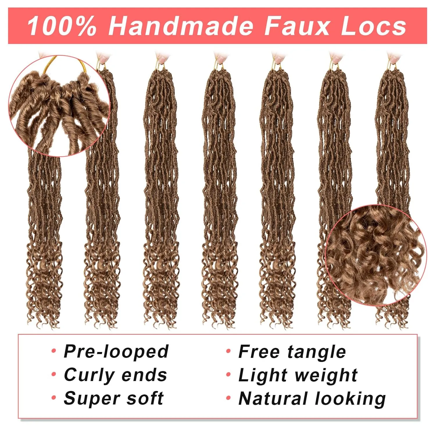 24 Inch Goddess New Faux Locs Crochet Hair With Curly Ends 7 Packs Soft Locs Crochet Braids Pre-looped Strawberry Blonde Goddess Locs Curly Wavy Synthetic Nu Locs for Women (12Strands/pack 27#)