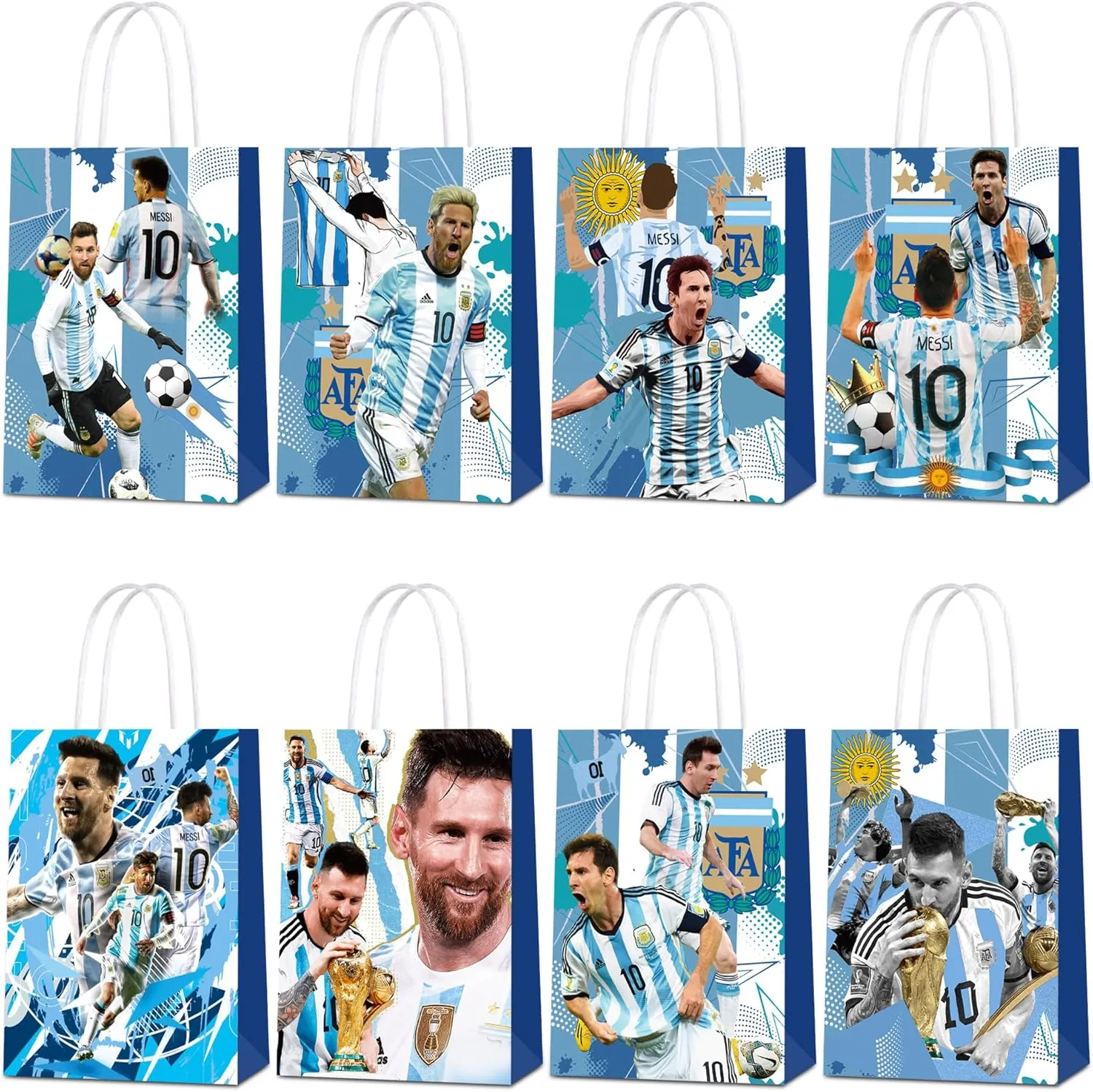 24Pcs Argentina Messi Party Gift Bags - Candy Bags, Tote Bags,Miami Messi Party Supplies Gift Bags for Kids - Paper Favor Packs for Adults Birthday Party Decor - 8 Patterns