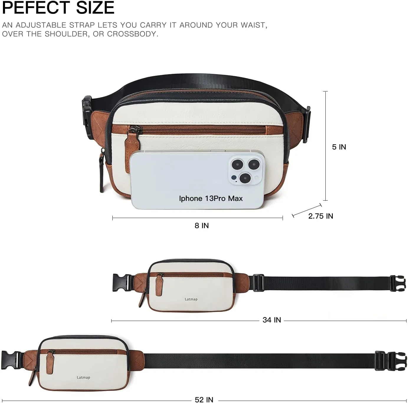 2L Fanny Packs Everywhere Belt Bag Small Fashion Crossbody Waist Pack Faux Leather Waterproof Sling Chest Bag For Women Black White