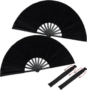 2Sets Black Hand Fans for Women Foldable, Black Rave Fan Nylon Folding Fans Handheld, Chinese Tai Chi Fan with Hanging Bag, Large Hand Fan Foldable for Kung Fu Martial Art Festival Men Gift