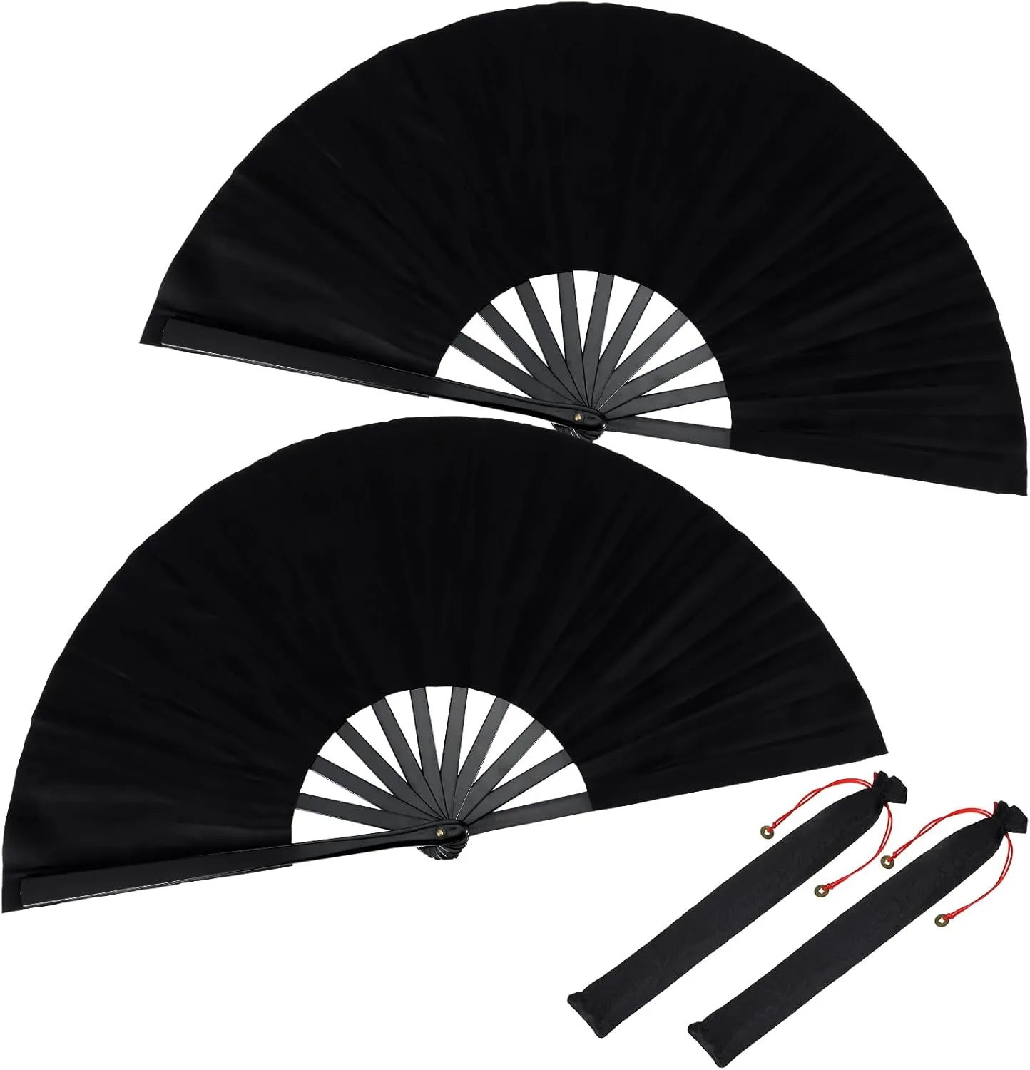 2Sets Black Hand Fans for Women Foldable, Black Rave Fan Nylon Folding Fans Handheld, Chinese Tai Chi Fan with Hanging Bag, Large Hand Fan Foldable for Kung Fu Martial Art Festival Men Gift