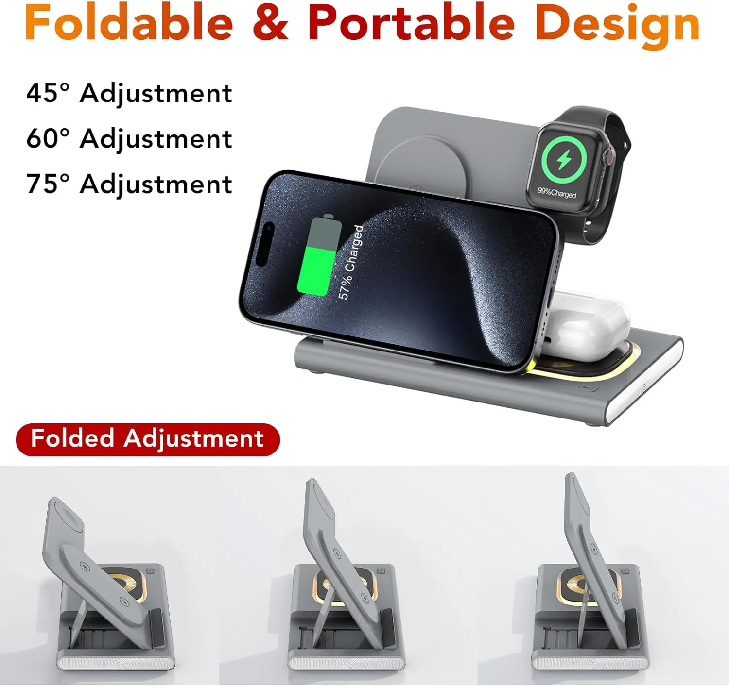 3 in 1 Foldable Charging Station for Apple Products,Fast Wireless Charger Travel Dock Adapter&Light for iPhone 16/15/14/13/12/11/X/XS,for iWatch 10/9/8/7/Ultra2/Ultra,for AirPods 4/3/2/Pro/2(Gray)