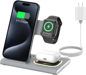 3 in 1 Foldable Charging Station for Apple Products,Fast Wireless Charger Travel Dock Adapter&Light for iPhone 16/15/14/13/12/11/X/XS,for iWatch 10/9/8/7/Ultra2/Ultra,for AirPods 4/3/2/Pro/2(Gray)