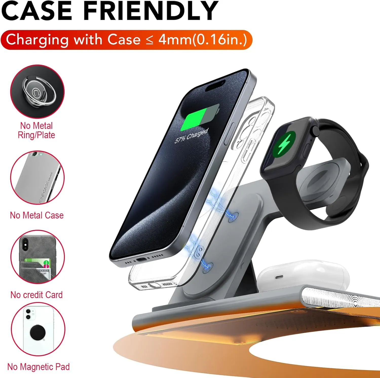 3 in 1 Foldable Charging Station for Apple Products,Fast Wireless Charger Travel Dock Adapter&Light for iPhone 16/15/14/13/12/11/X/XS,for iWatch 10/9/8/7/Ultra2/Ultra,for AirPods 4/3/2/Pro/2(Gray)