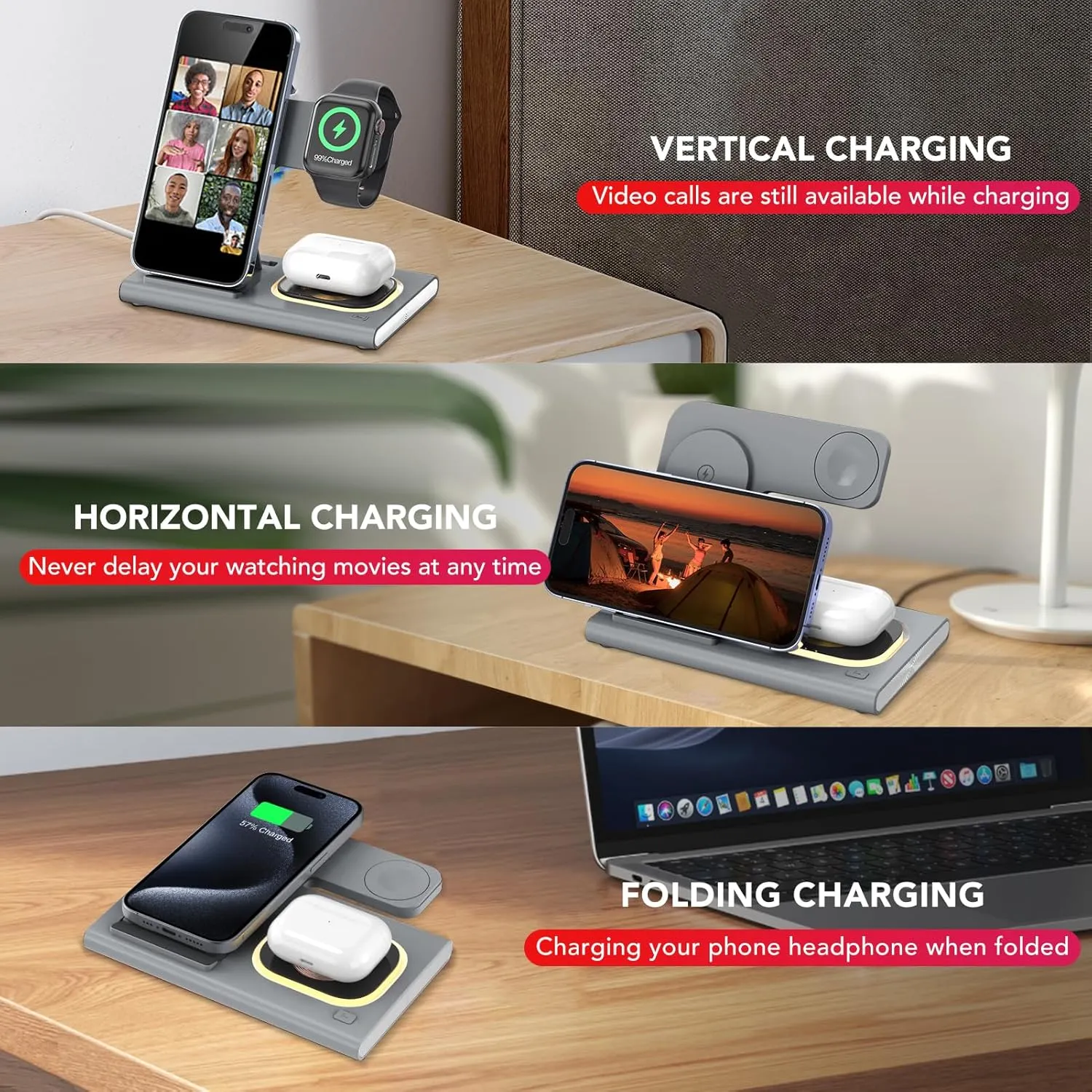 3 in 1 Foldable Charging Station for Apple Products,Fast Wireless Charger Travel Dock Adapter&Light for iPhone 16/15/14/13/12/11/X/XS,for iWatch 10/9/8/7/Ultra2/Ultra,for AirPods 4/3/2/Pro/2(Gray)