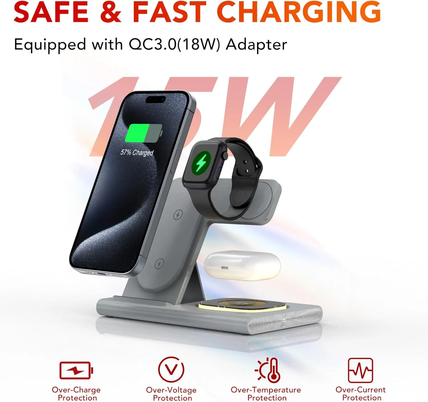 3 in 1 Foldable Charging Station for Apple Products,Fast Wireless Charger Travel Dock Adapter&Light for iPhone 16/15/14/13/12/11/X/XS,for iWatch 10/9/8/7/Ultra2/Ultra,for AirPods 4/3/2/Pro/2(Gray)