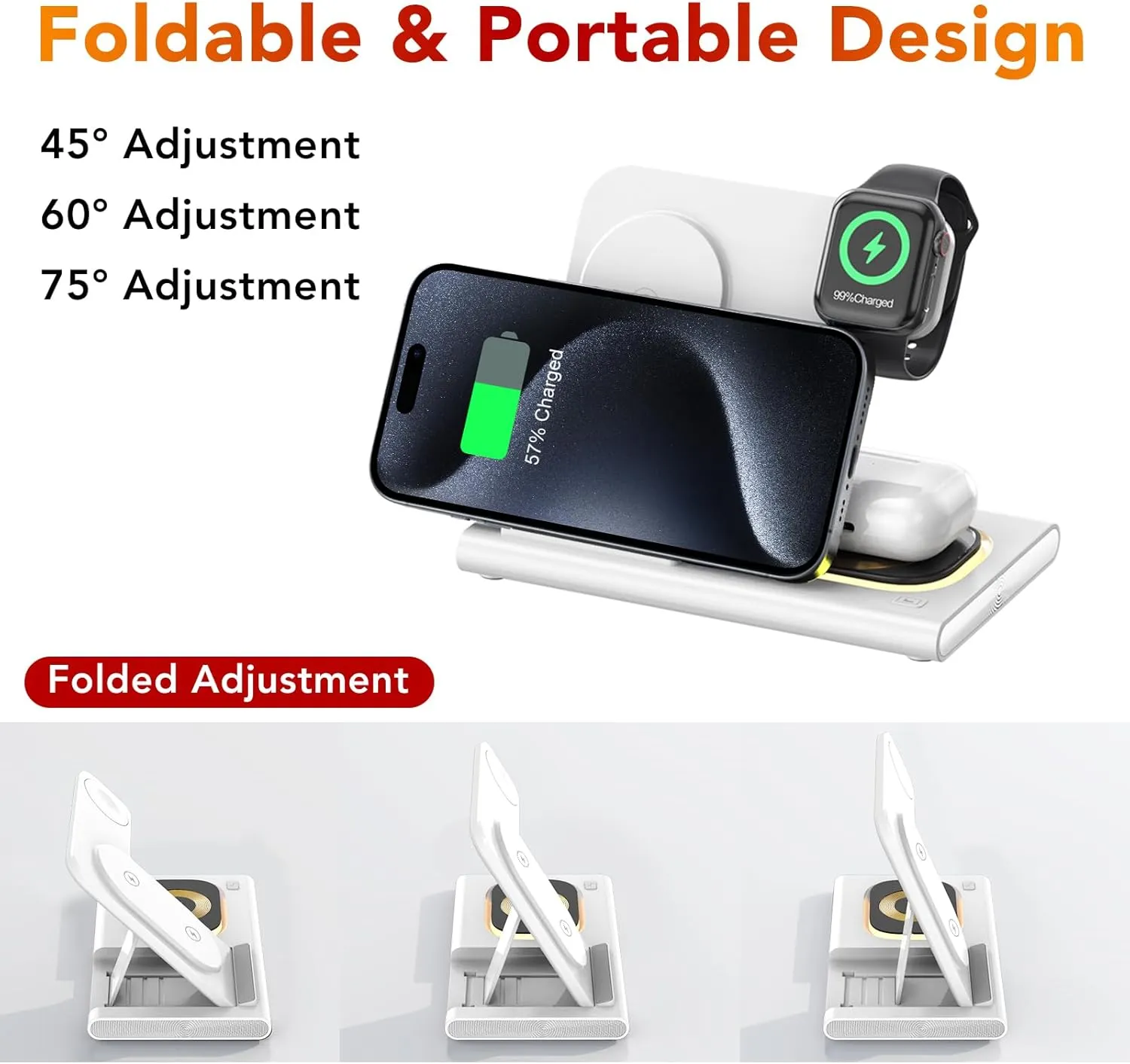 3 in 1 Foldable Charging Station for Apple Products,Fast Wireless Charger Travel Dock Adapter&Light for iPhone 16/15/14/13/12/11/X/XS,for iWatch 10/9/8/7/Ultra2/Ultra/SE,for AirPods 4/3/2/Pro/2(White)