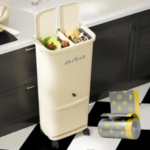 3 in 1 Removable Vertical Trash and Recycle Bin Combo, 42L/11gal Tall Double Layer Triple Compartment Slim Plastic Waste Basket with Press Top Lid for Kitchen, Office, Includes 75 Trash Bags, White