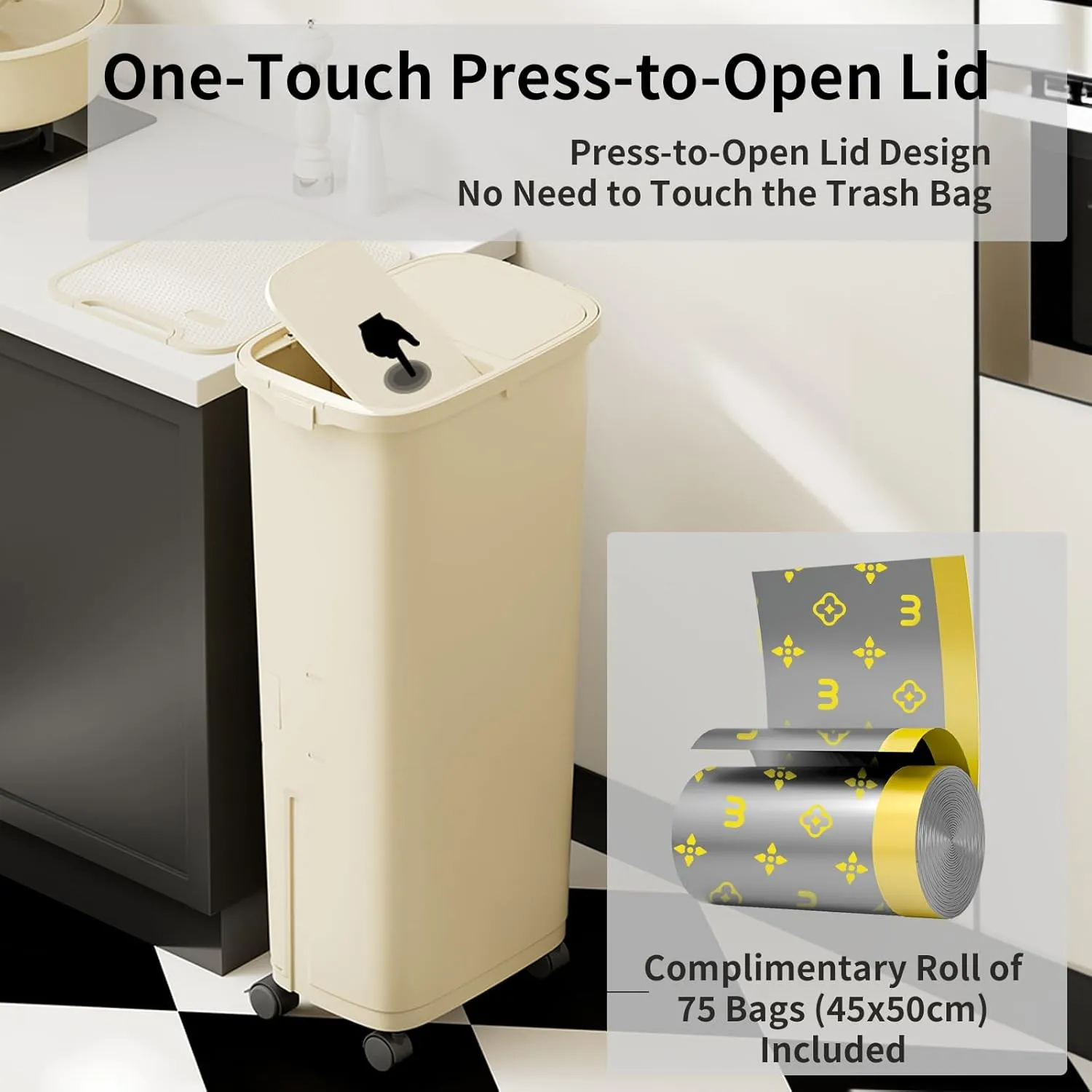 3 in 1 Removable Vertical Trash and Recycle Bin Combo, 42L/11gal Tall Double Layer Triple Compartment Slim Plastic Waste Basket with Press Top Lid for Kitchen, Office, Includes 75 Trash Bags, White