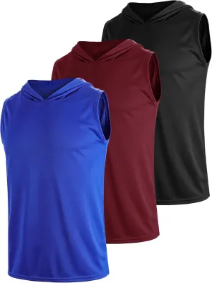 3 Pack Men's Sleeveless Workout Hoodies Dry Fit Quick Dry T Shirts with Hoods Running Gym Muscle Hooded Tank Top