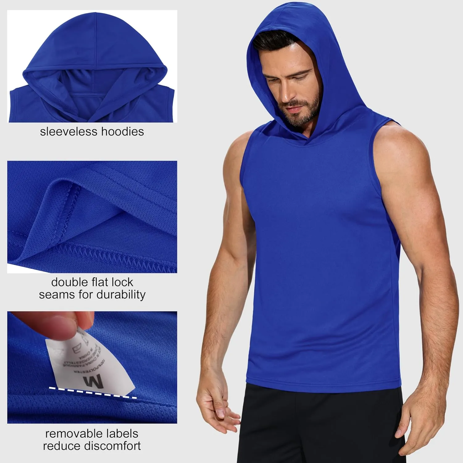 3 Pack Men's Sleeveless Workout Hoodies Dry Fit Quick Dry T Shirts with Hoods Running Gym Muscle Hooded Tank Top