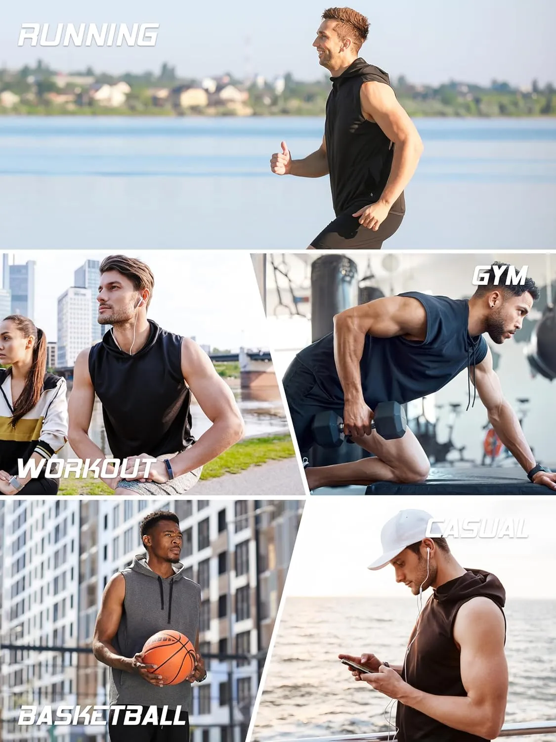 3 Pack Men's Sleeveless Workout Hoodies Dry Fit Quick Dry T Shirts with Hoods Running Gym Muscle Hooded Tank Top