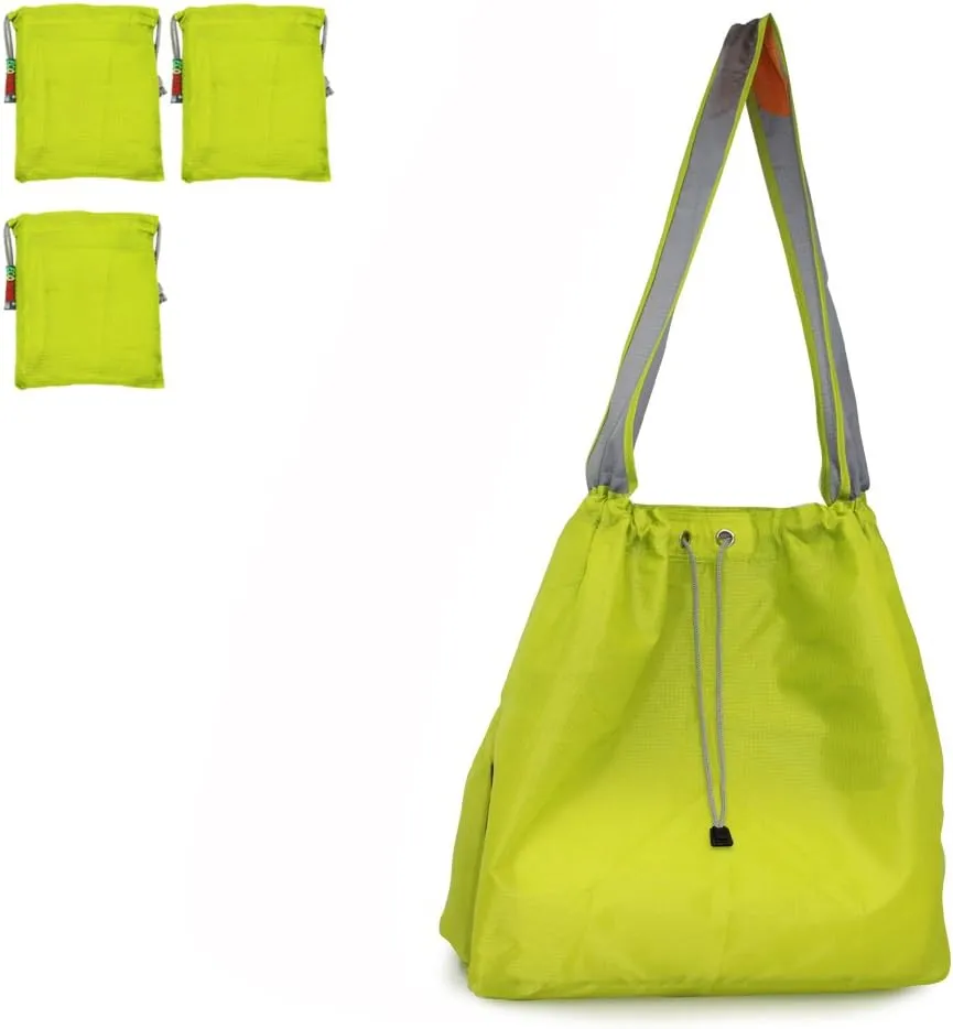 3 Pack Ripstop Nylon Foldable Reusable Grocery Shopping Bag with Pouch & Inner Pocket, Draw-String