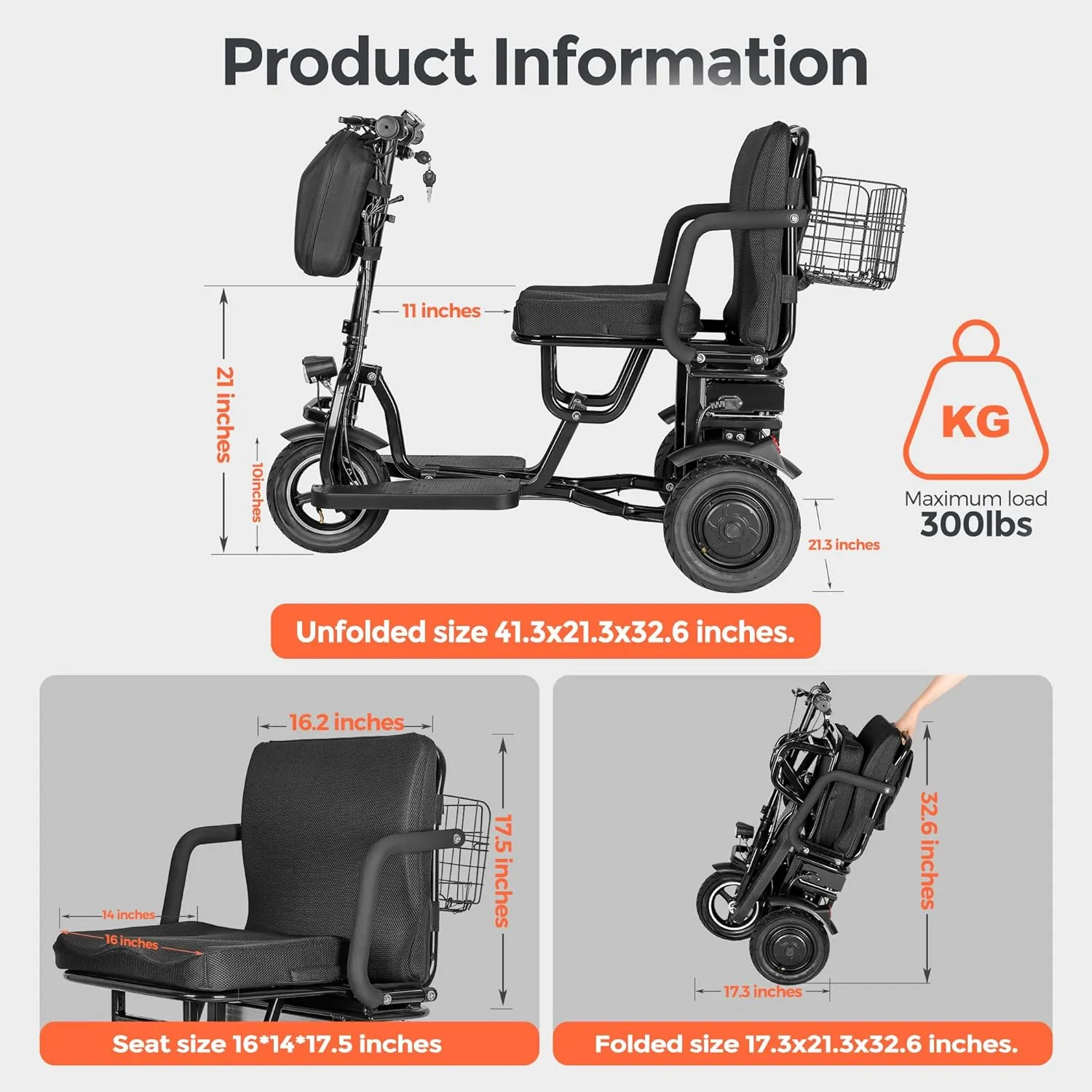 3-Wheel Folding Mobility Scooter Lightweight for Seniors & Adults 300 lbs Portable Handicap All Terrain Travel Scooter Mobility Scooters Foldable Collapsible Electric Airline Set Black