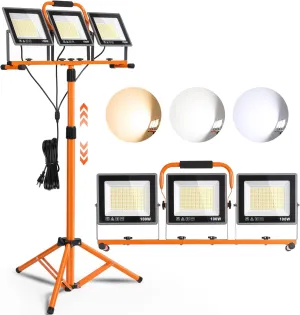 31000 Lumen LED Work Light with Adjustable 3 Color Temperature (3000K/5000K/6500K), IP66 Waterproof Foldable Tripod Work light with 3 Head & 16.5FT Cords for Job Site Workshop Garage Construction Site