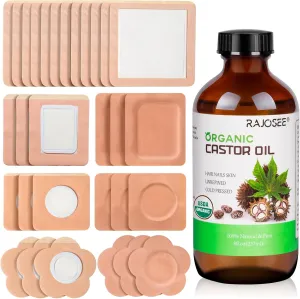 32Pcs Castor Oil Pack with Castor Oil Organic Cold Pressed Glass Bottle 8oz, Cotton Caster Oil Wrap for Waist Back Neck Arm, Self-Adhesive for Convenient Use