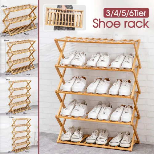 3/4/5/6 Tier Folding Shoe Rack Bamboo Wooden Shelf Stand Storage Organizer Cabinet
