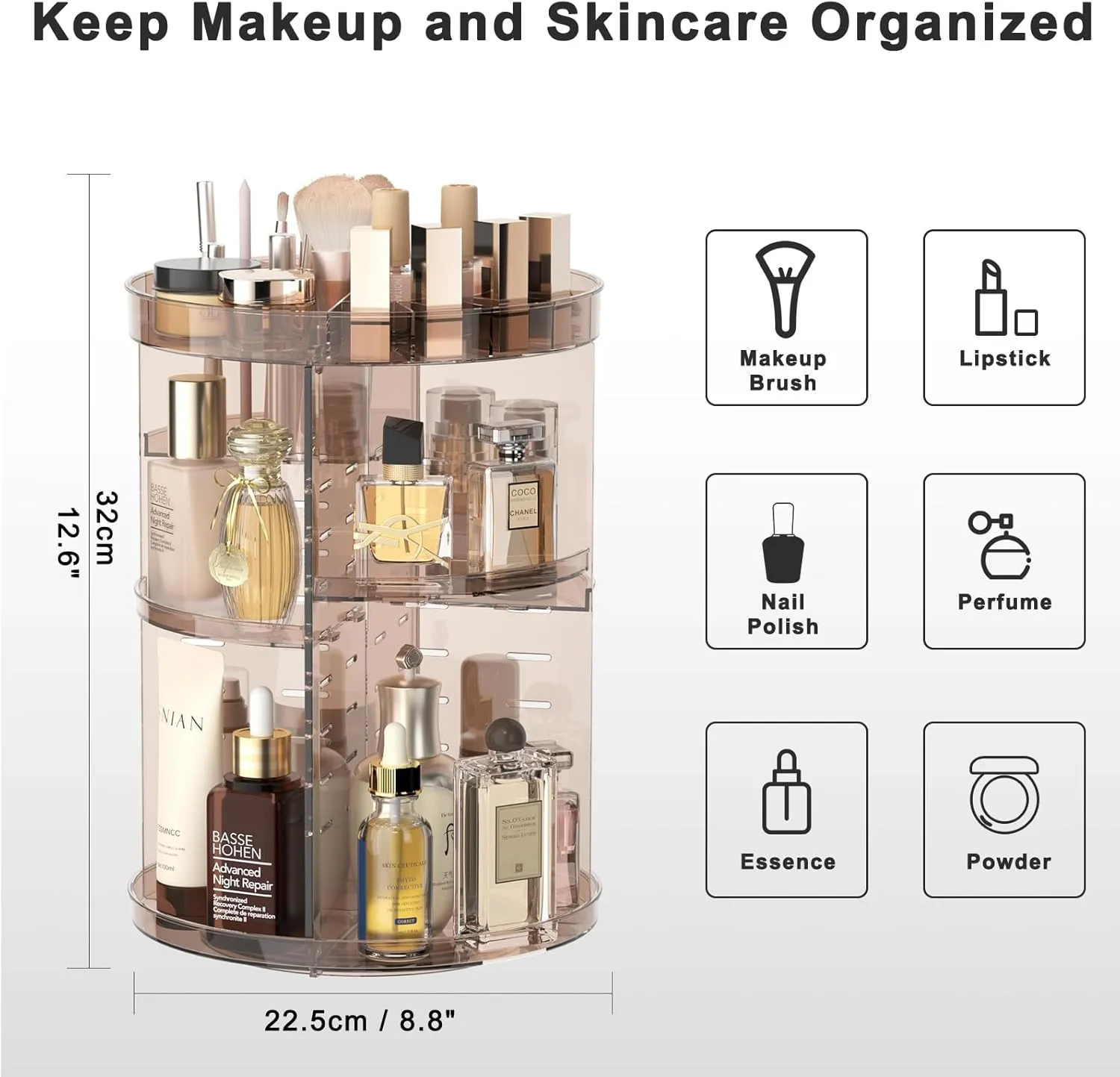 360 Rotating Makeup Organizer with Lipstick Slots, DIY 8 Adjustable Height Spinning Skincare Organizers, Brush and Perfume Storage Carousel, Cosmetic Display Case for Vanity Bathroom Countertop