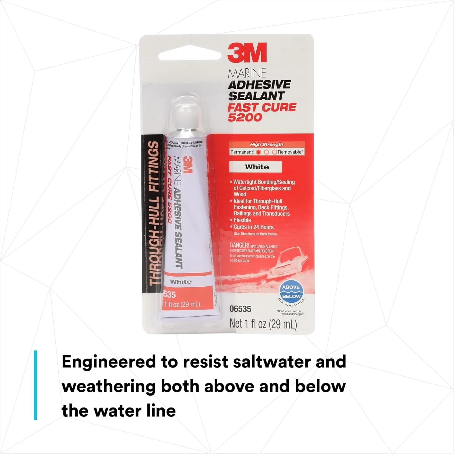 3M Marine Adhesive Sealant Fast Cure 5200 (06535) Permanent Bonding and Sealing for Boats and RVs Above and Below the Waterline Waterproof Repair, White, 1 fl oz Tube