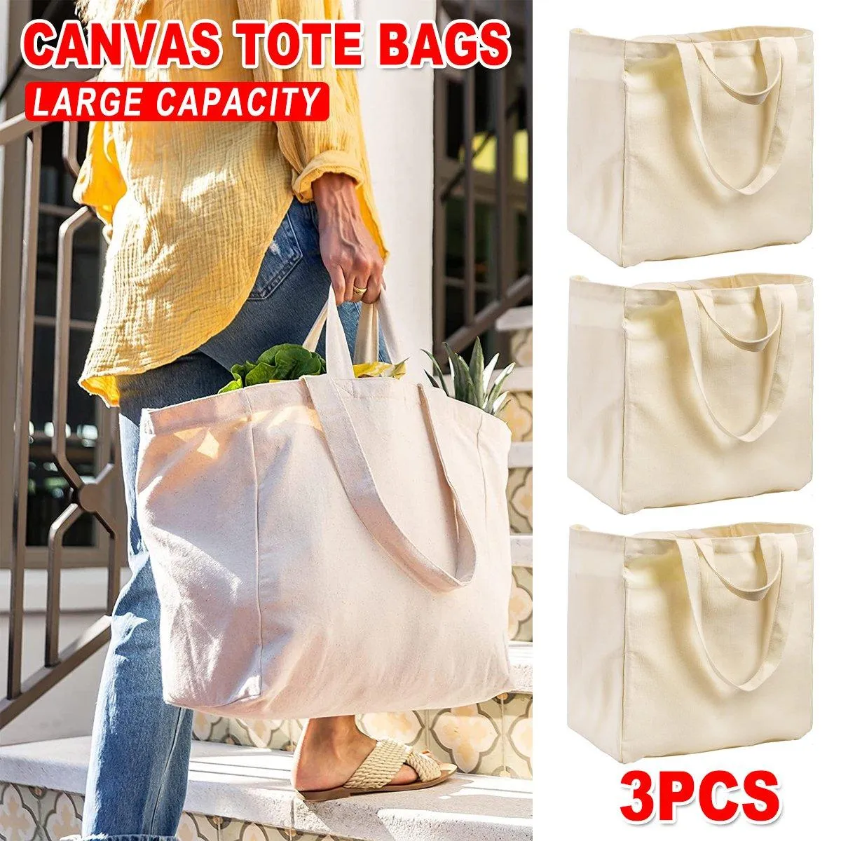 3pcs Casual Shoulder Bag Large Capacity Canvas Tote Bag for Shopping Life Use